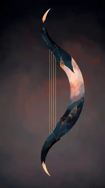 Conceptual art of a vertical, dark crystal bow with delicate golden strings against a warm, textured background emphasising balance.