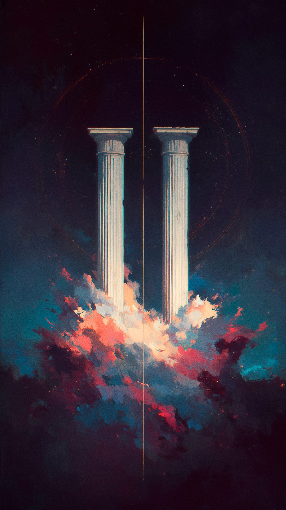 Two architectural pillars standing apart, together supporting shared roof