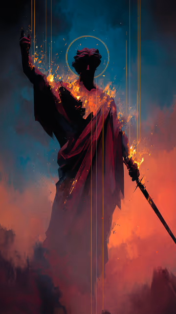 Dramatic digital art of a silhouetted robed figure holding a sword, crowned with a halo and bursting into radiant golden flames.