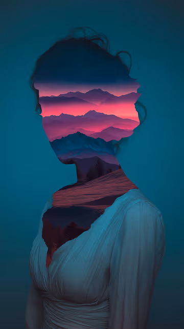Double-exposure digital art featuring a woman's silhouette filled with a serene, colourful mountain sunset landscape, illustrating the concept of truly seeing another person.