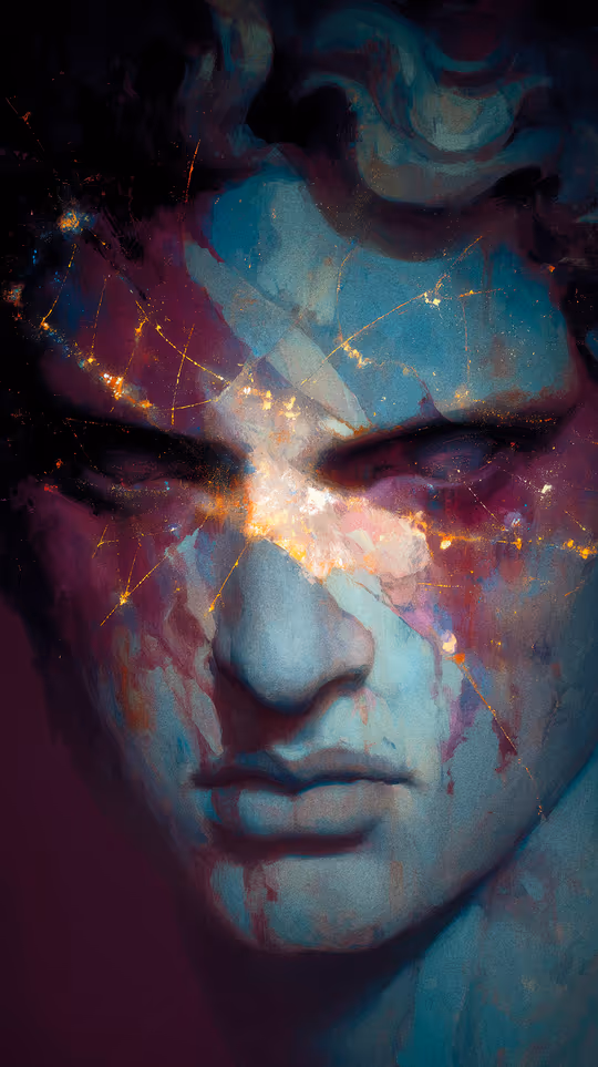 A dramatic digital portrait of a classical stone bust in deep blue and purple hues. The face is fractured, revealing glowing, starry cosmic light from within.