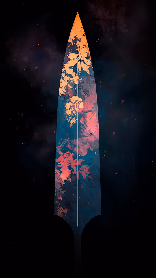 A surreal digital illustration of a broadsword silhouette against a dark, starry background. The blade reveals a glowing floral pattern in vibrant peach and teal.