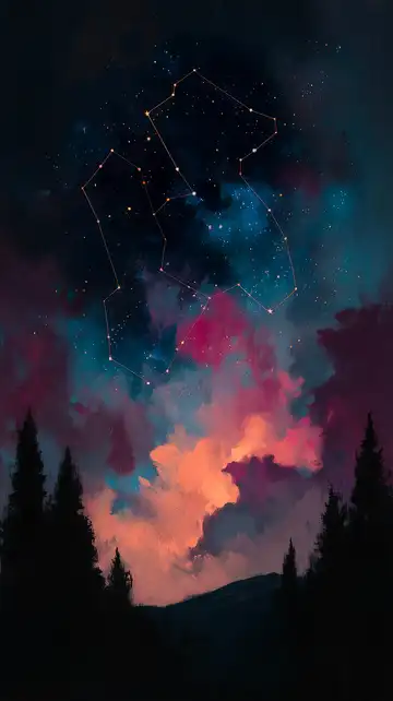 Silhouettes of a pine forest beneath a night sky bursting with a colourful nebula of deep blue and fiery pink. A glowing star constellation connected by bright lines overlays the clouds.