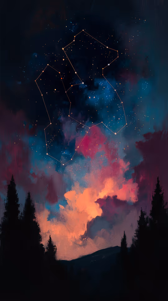 Silhouettes of a pine forest beneath a night sky bursting with a colourful nebula of deep blue and fiery pink. A glowing star constellation connected by bright lines overlays the clouds.