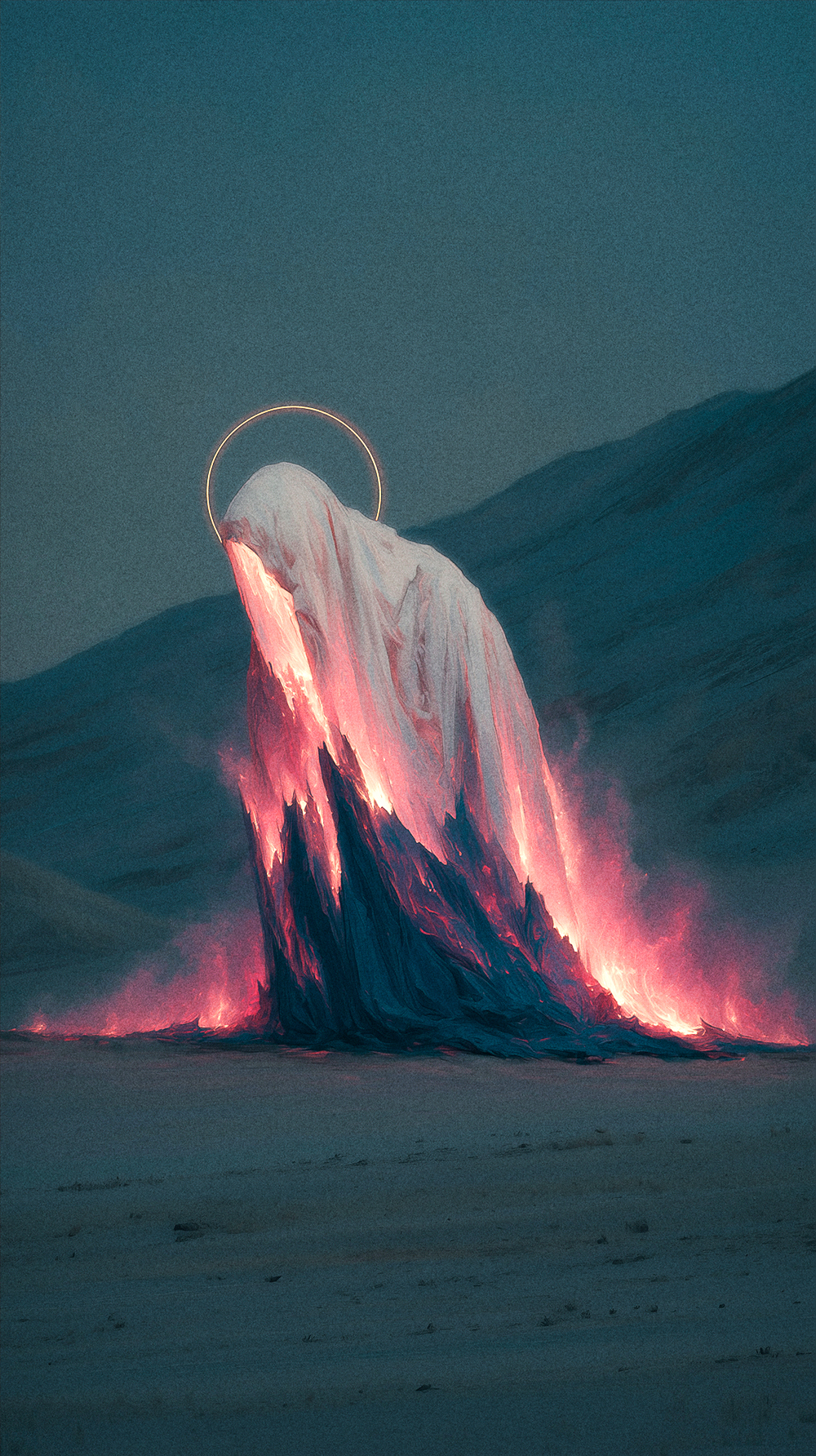 A surreal digital painting of a draped, faceless figure in a desolate landscape. The figure wears a golden halo, its base transitioning into glowing, fiery magma.