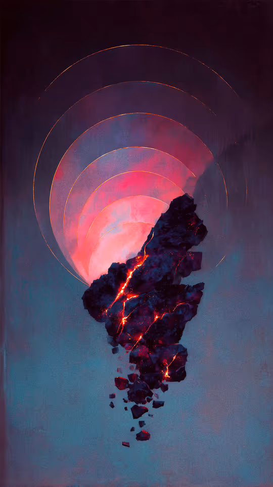 A jagged, dark floating rock cracking apart at its base to reveal glowing orange lava veins. Behind it, a vibrant pink and red glowing orb is framed by thin, concentric golden circles against a moody, dark blue background.