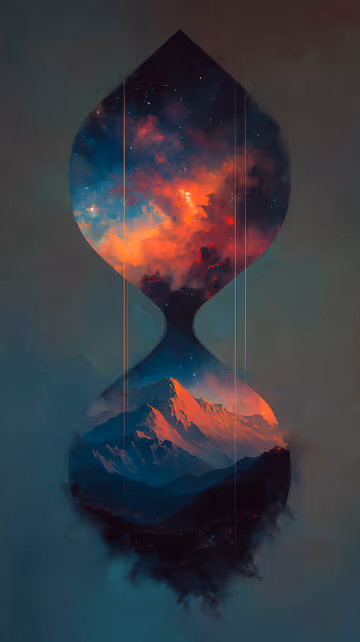 A silhouette of an hourglass formed by negative space. The top bulb contains a vibrant, starry cosmic nebula in reds and blues; the bottom bulb shows glowing red mountain peaks. Fine, vertical golden lines intersect the glass.
