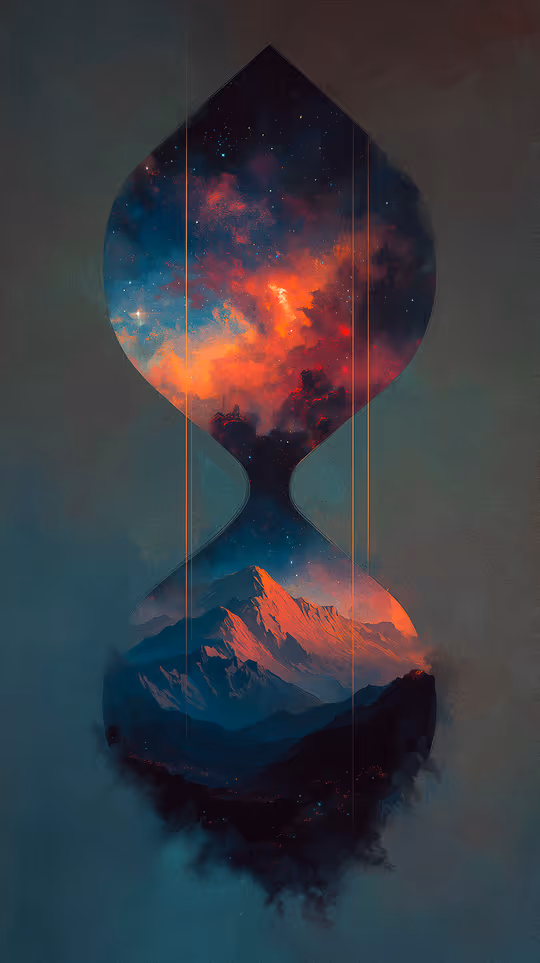 A silhouette of an hourglass formed by negative space. The top bulb contains a vibrant, starry cosmic nebula in reds and blues; the bottom bulb shows glowing red mountain peaks. Fine, vertical golden lines intersect the glass.