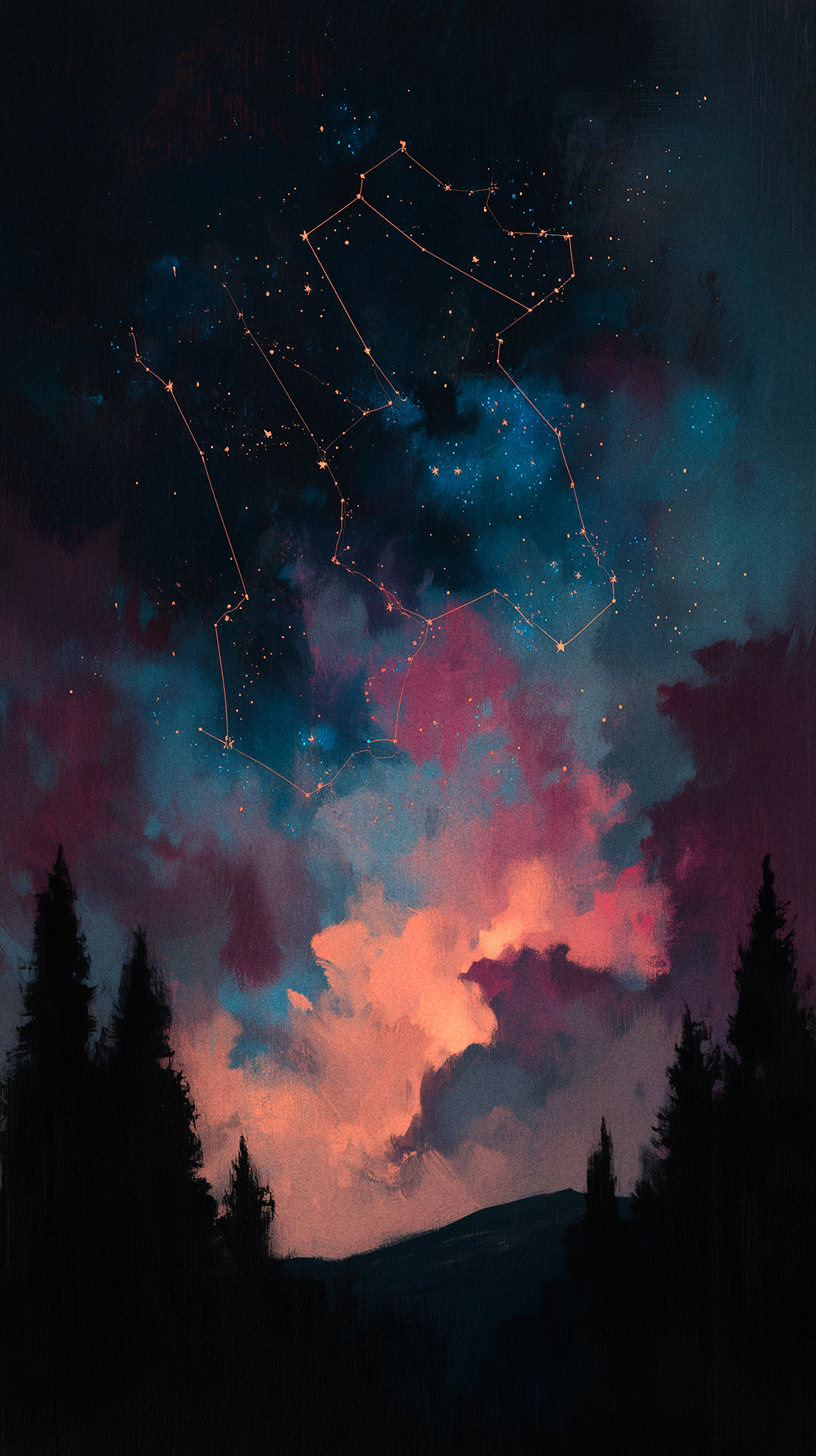 Hand drawing constellation lines between stars in night sky