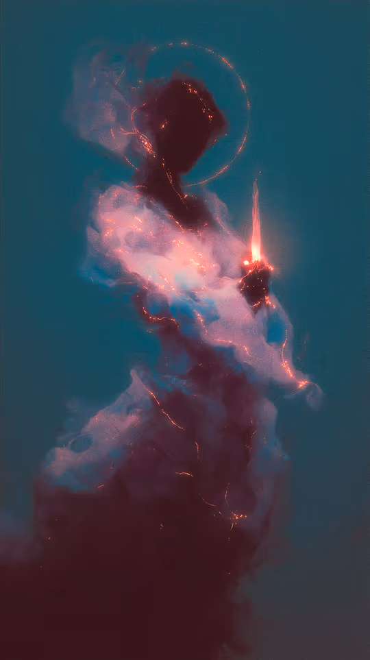 A robed figure formed from thick, swirling blue and purple smoke. The haloed silhouette cradles a bright ember, with veins of fiery red and gold energy illuminating the haze.